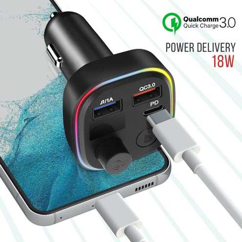 Transmisor FM Bluetooth + Cargador de mechero USB / USB-C Modelo C2 Negro
