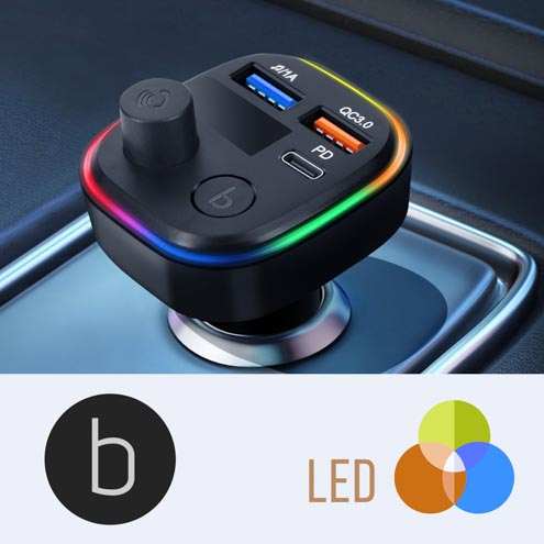 Transmisor FM Bluetooth + Cargador de mechero USB / USB-C Modelo C2 Negro