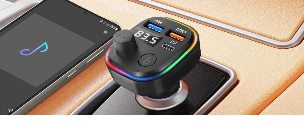 Transmisor FM Bluetooth + Cargador de mechero USB / USB-C Modelo C2 Negro