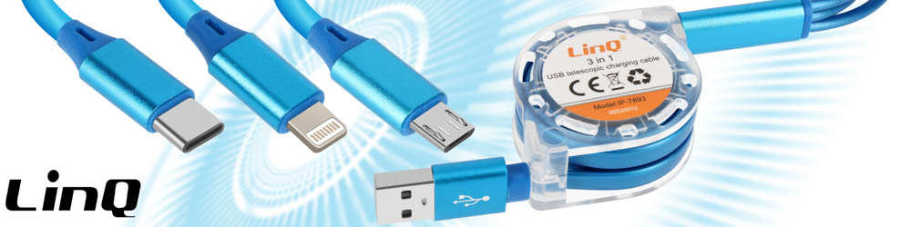 Cavo USB retrattile azzurro 3 in 1 - universale - LinQ 1 metro