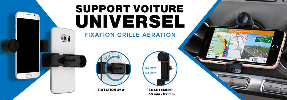 Support Téléphone Voiture Pour Grille D'aération - Fixation Automatique, Rotation 360° - Compatible 4.7 à 7 Pouces
